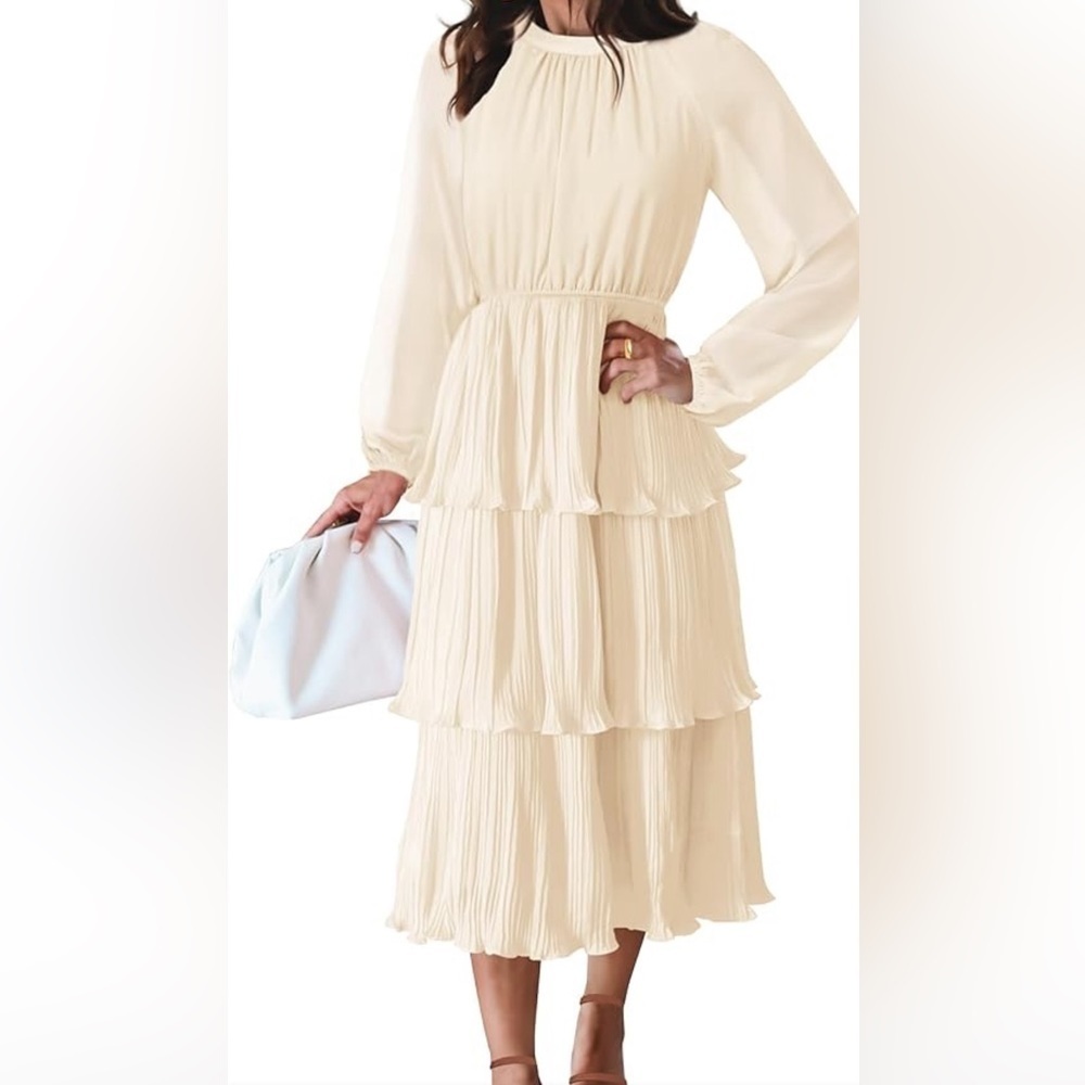 NWT Long Sleeve Crew neck Ruffle Tiered Layered Chiffon Flowy Swing Midi Dress